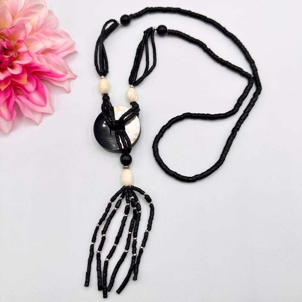 Mother of Pearl MOP Inlay Beads Black White Pendant Wood Bead Tassel Necklace